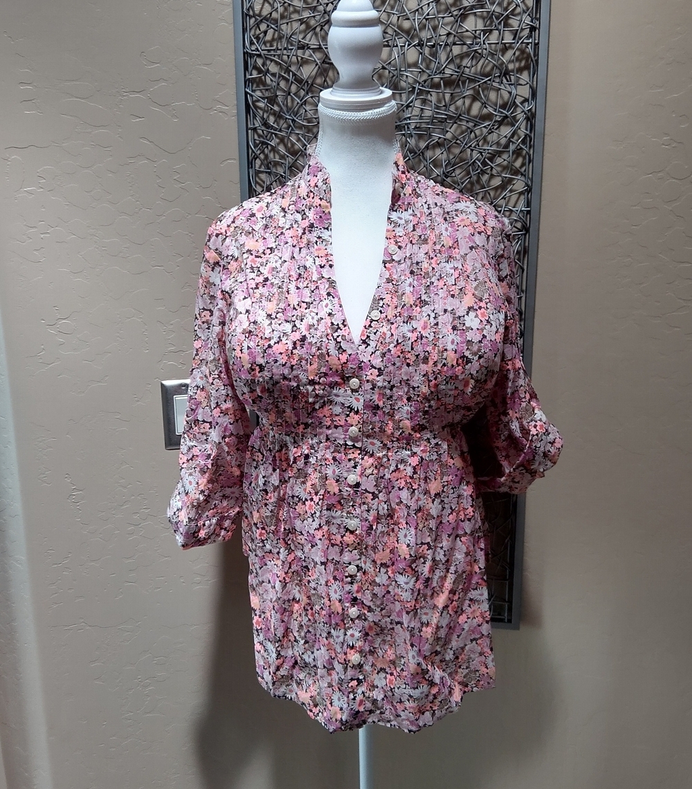 Moda International Pink & Orange Floral V-Neck Button Front Blouse w/Back Tie